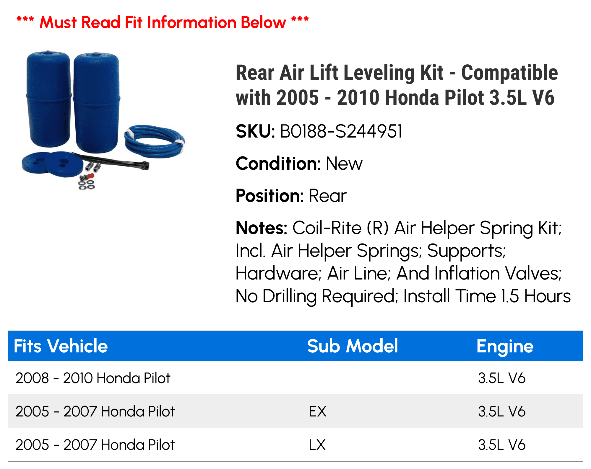 Rear Air Lift Leveling Kit - Compatible with 2005 - 2010 Honda Pilot 3.5L V6 2006 2007 2008 2009