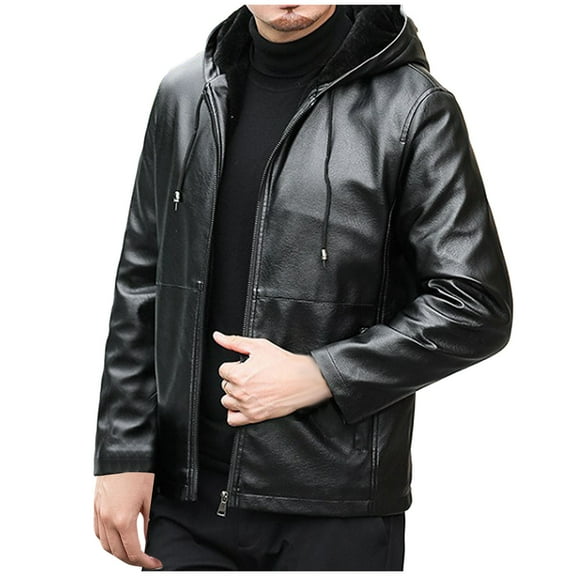 WREESH Fashion Winter Jacket Men Vintage Jacket Fleecing Leather Hooded Long Sleeve Winter Stand Collar Club Coat Men'S Leather Jackets Casual Tops Black