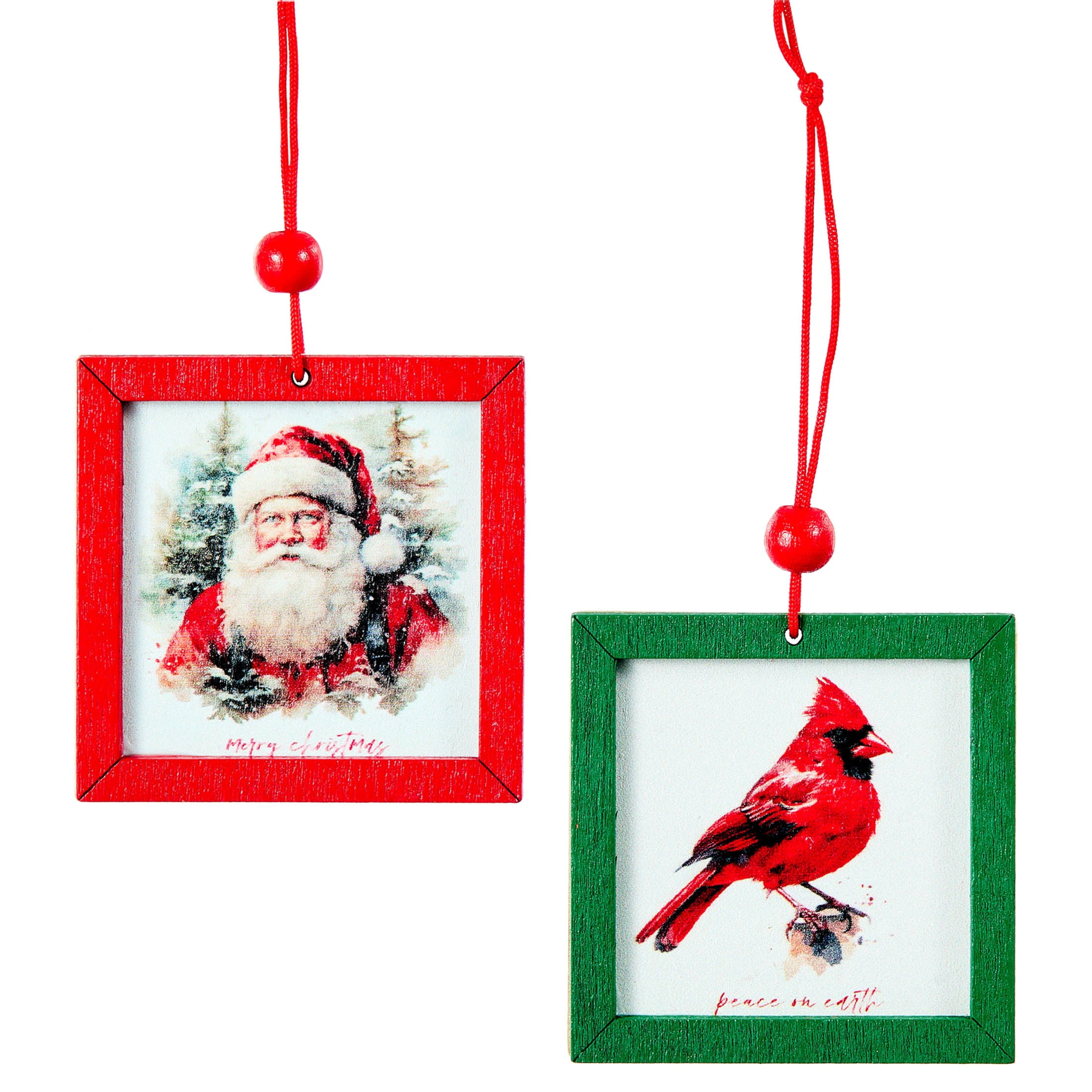 4-Count Red and Green Santa and Cardinal Artwork Christmas Ornaments, 2", by Holiday Time