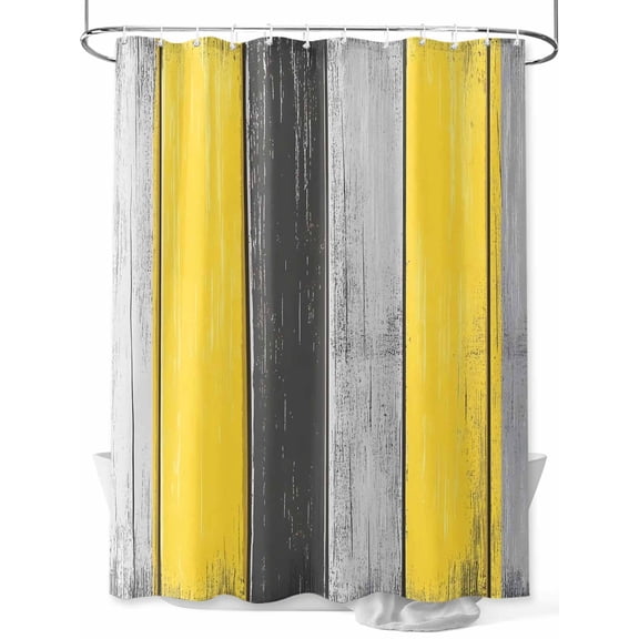 Coastal Style Shower Curtain, Vintage Gray Yellow Stripes Wood Texture Waterproof Shower Curtain Set with 12 Hooks Lightweight Washable Fabric Shower Curtains for Bathroom 36x72 Inches