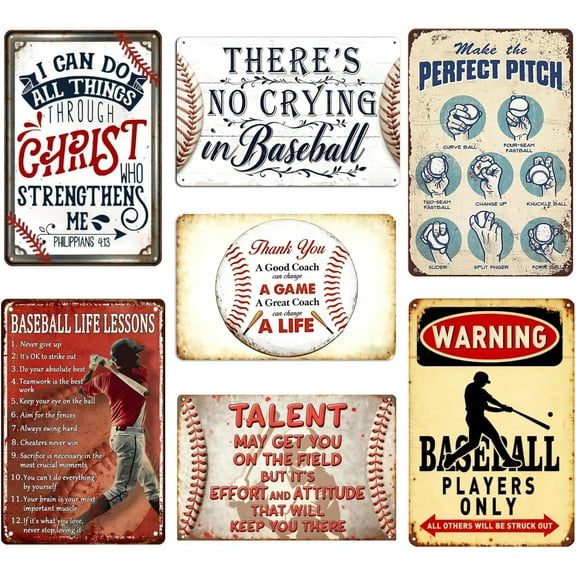 Vintage Baseball Metal Tin Sign Set of 7, Retro Sports Wall Art for Man Cave Garage, Inspirational Poster Gift for Baseball Fans Players Coaches, Boys Room Decor