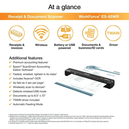 Epson - ES-65WR Wireless Mobile Color Document Receipt Scanner - Black