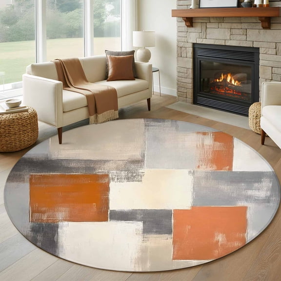 Burnt Orange Grey 8ft Round Rug, Oil Painting Modern Abstract Art Non-Skid Rubber Backing Large Area Rugs - Living Room Bedroom Home Office, Indoor Floor Mat Carpets Washable Rug