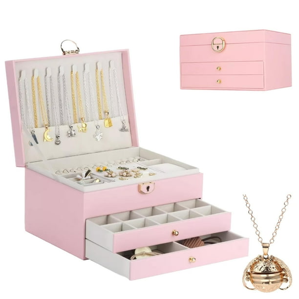 Caja Joyero, Alajero Grande de 3 Niveles Relicario Incluido Caja de Almacenamiento para Guardar Collares, Anillos, Aretes, Reloj, Pulseras, Organizador de Joyas Alhajero, Diseño Elegante