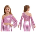 thumbnail image 5 of vastwit Girls Sequin Irregular Crop Top Tassels Off Shoulder Long Sleeve Dance Shirts for Performance Pink 16, 5 of 6