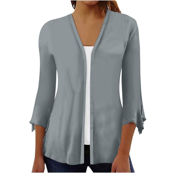 VSSSJ Women's 3/4 Sleeve Ruffle Open Front Button Down Cardigans Casual Solid Color V Neck Lightweight Soft Draped Blouse Tops Gray XXL