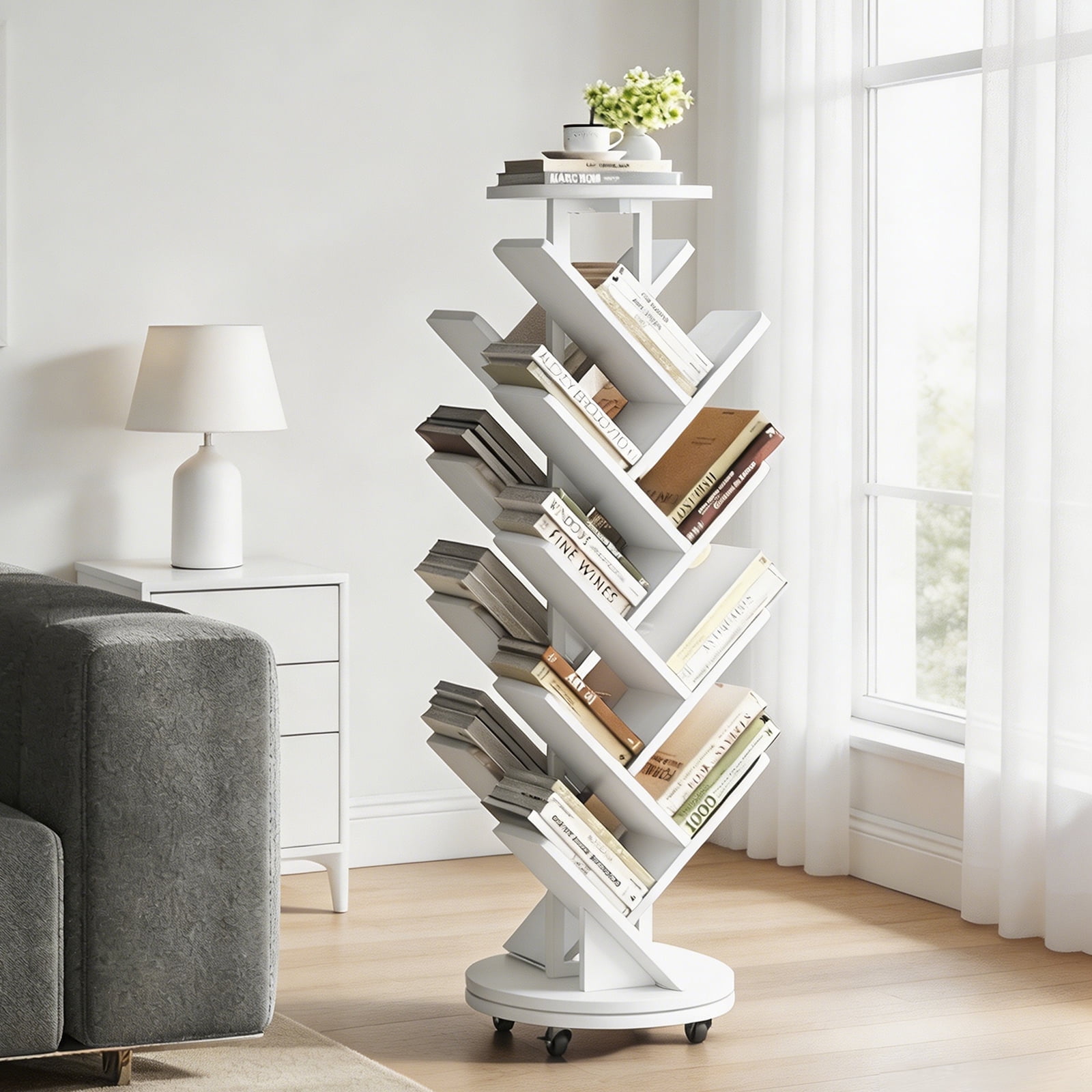 HOMRELEXA 17-Tier Tree Book Shelf, 360° Rotating Bookcase with Wheels, Freestanding Storage Organizer for Home Office and Living Room, White