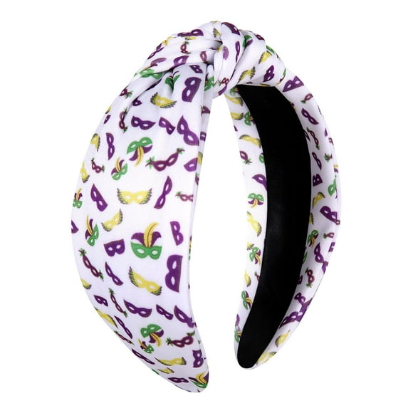 Vokone Mardi Gras Headband Purple Green Yellow Mask Knotted Headband Wide Hairband Carnival Holiday Party Headband Headwear Accessories(Mask)