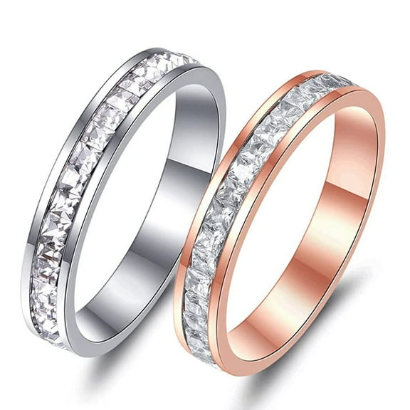 4mm 2pcs Women Silver Rose Gold Stainless Steel Ring Set Wedding Ring Small Square Zircon Titanium Steel Inlay Promise Ring Size 6-11