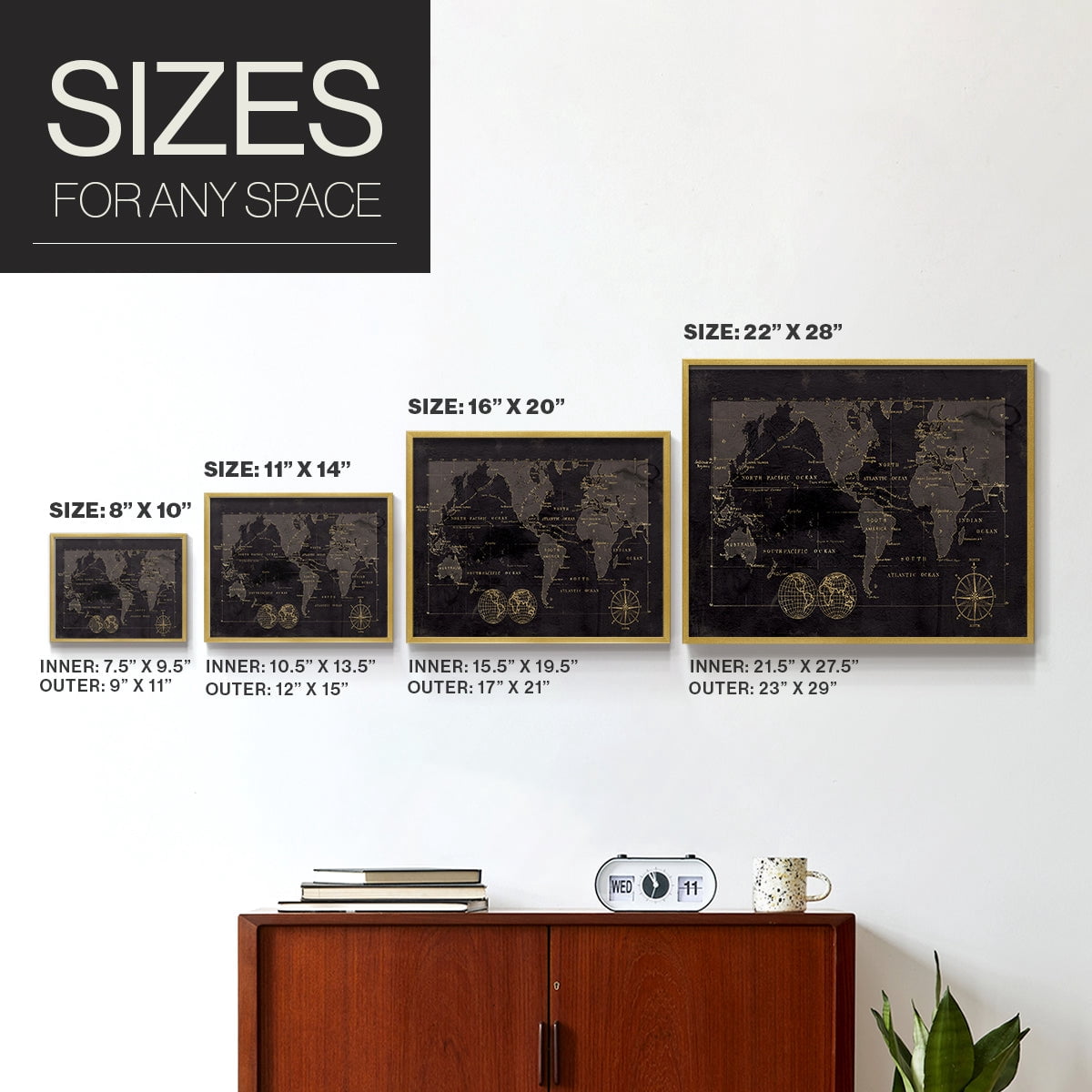 Black Gold Map by Carol Robinson - Restickable Framed Giclée Print