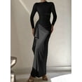 thumbnail image 5 of Women'S Solid Color Long Sleeve Crew Neck Ruched Waist Flowy A Line High Low Midi Irregular Split Dress Black S, 5 of 7