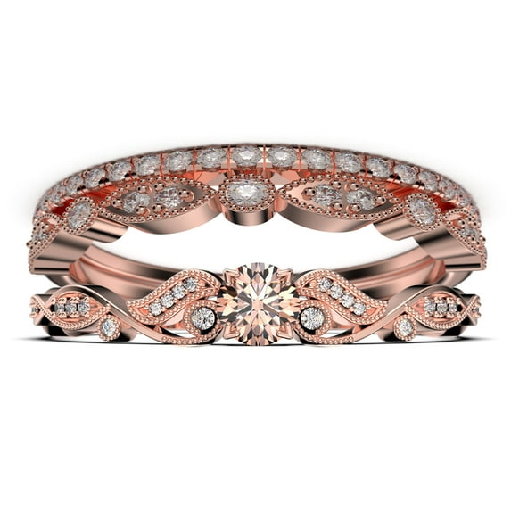 Vintage Look Boho & hippie 1.75 Carat Round Cut Morganite And Diamond Moissanite Engagement Ring, Wedding Ring in 925 Sterling Silver With 18k Rose Gold Plating, Promise, Trio Set, Matching Band