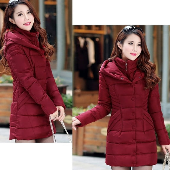 Women's Hooded Outwear Warm Coat Long Thick Cotton Padded Slim Jacket, Comfortable and Stylish for Winter Seasons, in Burgundy, Size XXXL