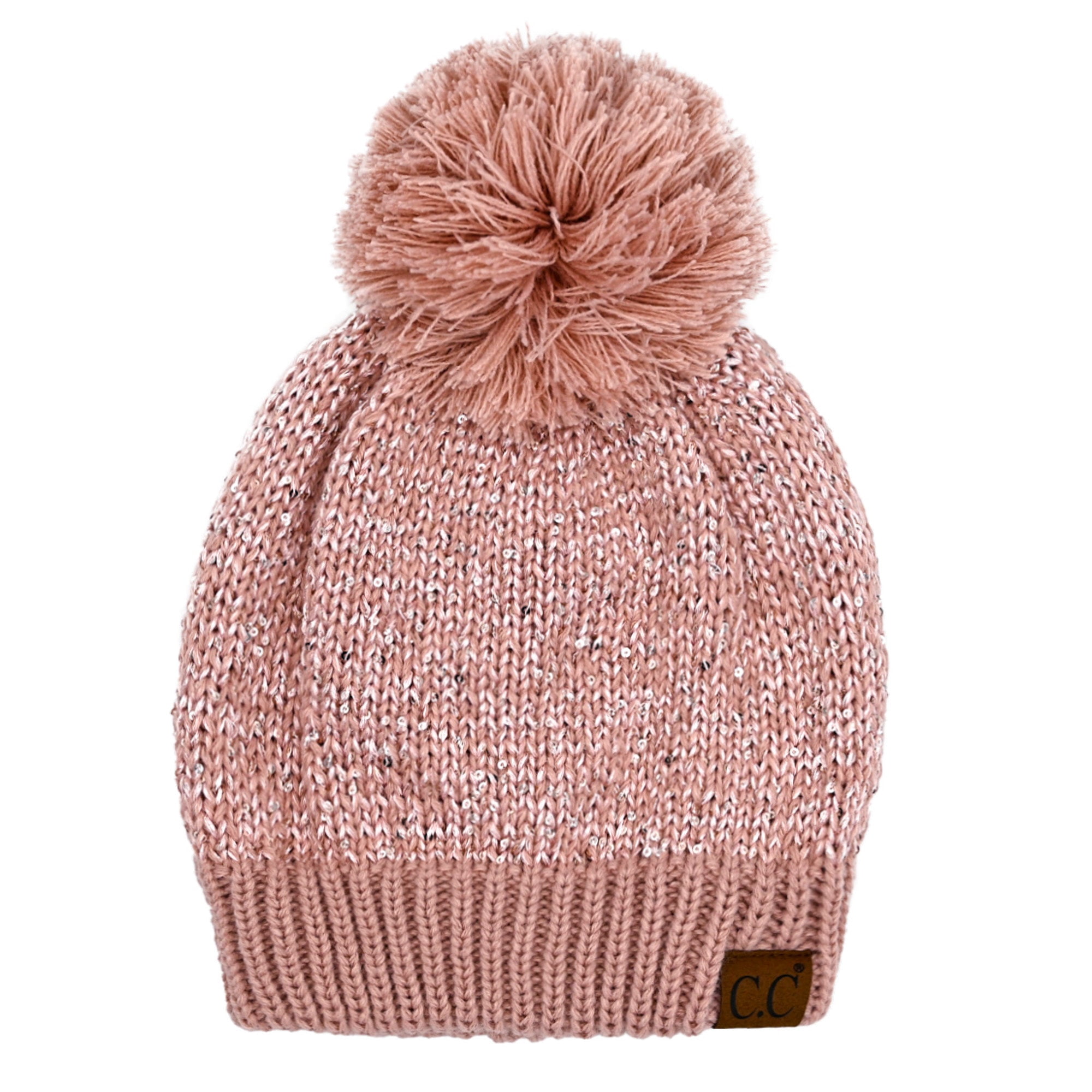 C.C Sequin Pom Winter Beanie Sparkle Cozy Warm Hat Unisex, Black Silver