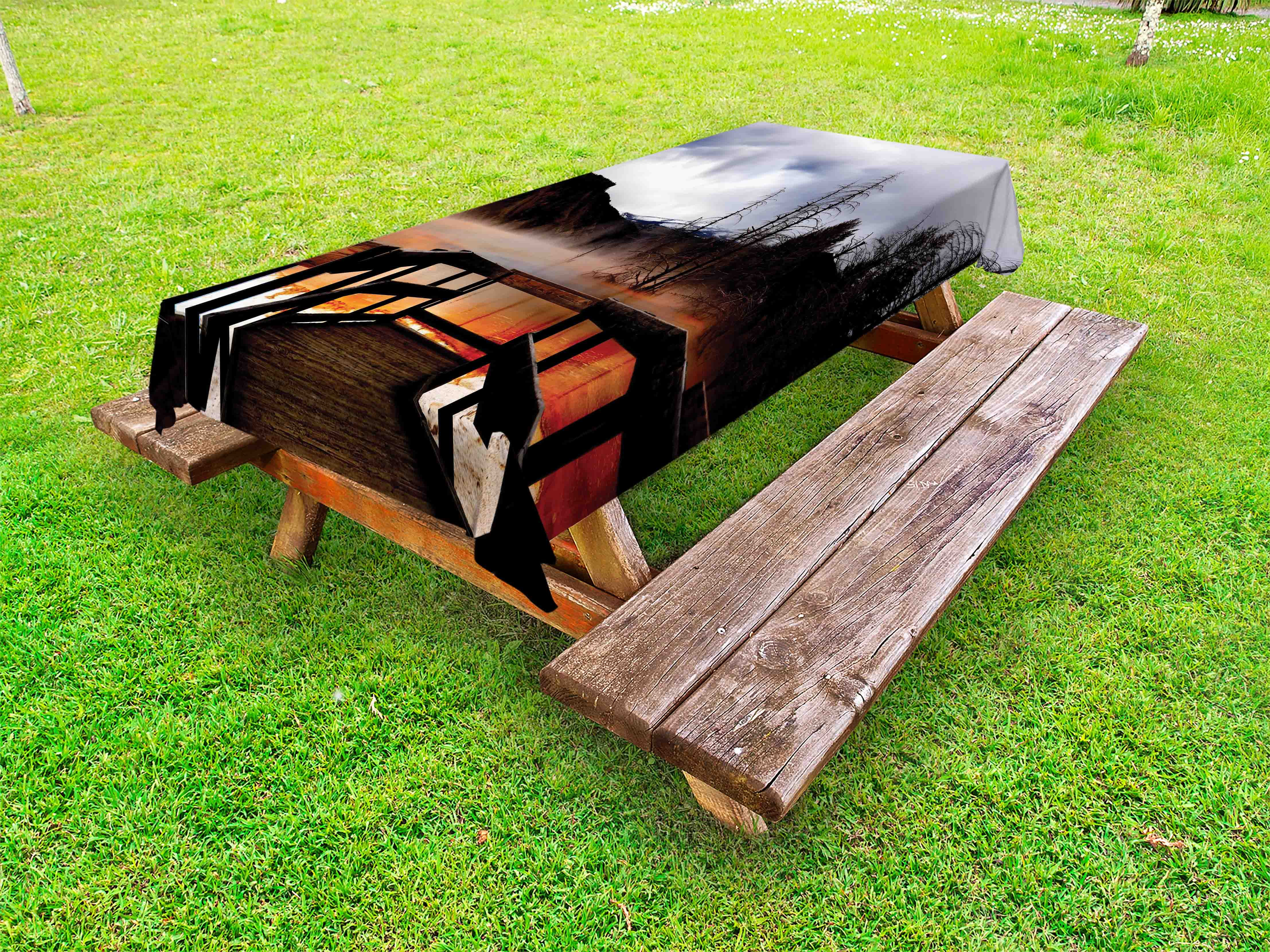 Yellowstone Outdoor Tablecloth, Moody Cloudy Sky over Hot Steamy Spring and Mountain in