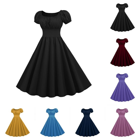 Summer Dresses for Women 2025, Women's Short Sleeved Square Neck Solid Color Dress Short Sleeved Square Neck Dress(Black,L)