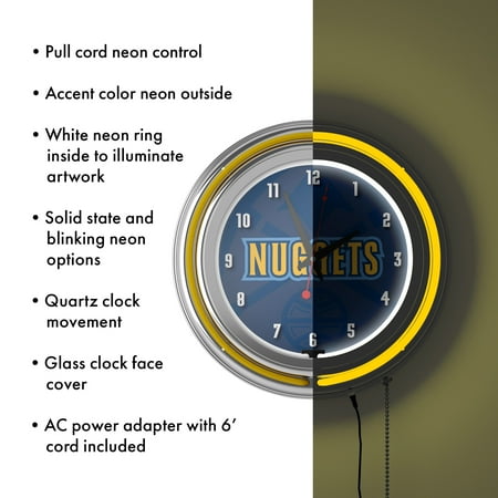 Denver Nuggets NBA Fade Chrome Double Ring Neon Clock - Dark Blue, Yellow