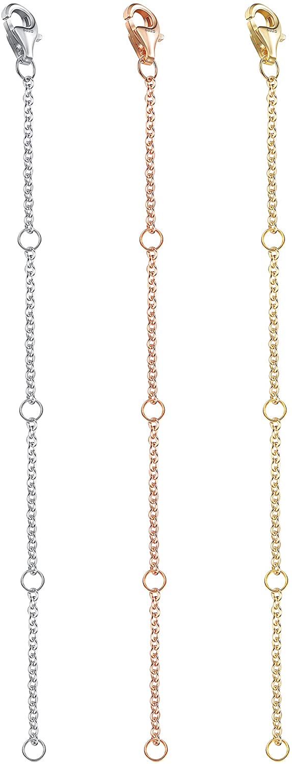 Jstyle 3 Pcs Sterling Silver Necklace Chain Extender in Gold, Rose Gold