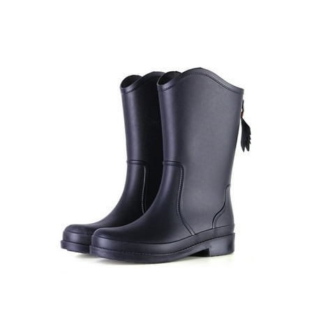 

Avamo Womens Water-Resistant High Calf Rain Boots Low Heel Tall Boot Walk Comfort Solid Waterproof Shoe Mid Tube Black 5