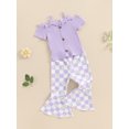 thumbnail image 3 of Suealasg Toddler Girls Clothes 1T 2T 3T 4T 5T Kids Little Girl Summer 2Pcs Outfit Short Sleeve Cold Shoulder Tops Checkerboard Daisy Print Flare Pants, 3 of 7