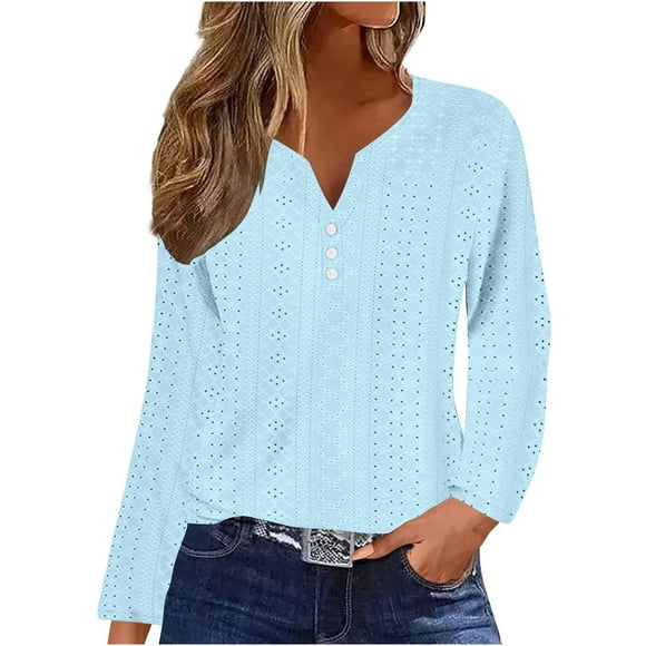 Timegard Eyelet Tops for Women Notched V Neck Button Blouse Dressy Casual Long Sleeve Loose Tops Fall