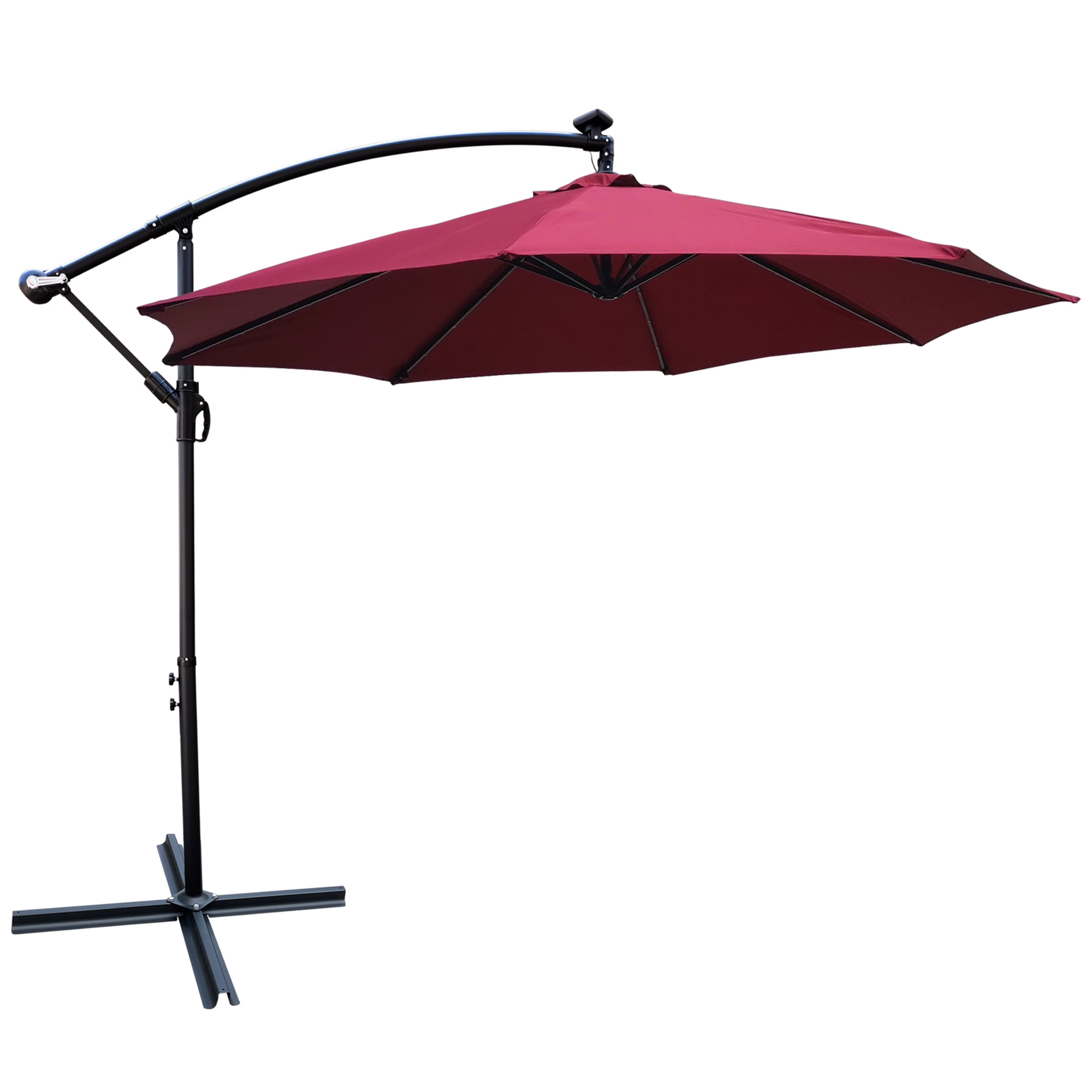 10 FT Round Outdoor Patio Umbrella, Solar LED Lighted Waterproof Sun Shade Umbrella with Stable Base, Burgundy