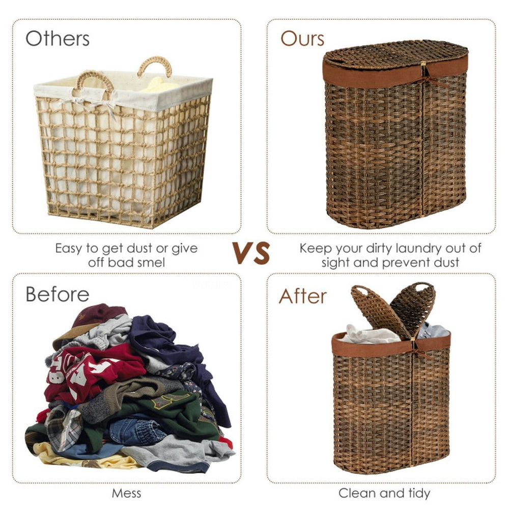 Finihen Laundry Hamper, Laundry Basket, Handwoven Laundry Hamper Basket with 2 Removable Liner Bags, for Bathroom, laundry Room, Brown Finihen Laundry Hamper, Laundry Basket, Handwoven Laundry Hamper Basket with 2 Removable Liner Bags, for Bathroom, laundry Room, Brown