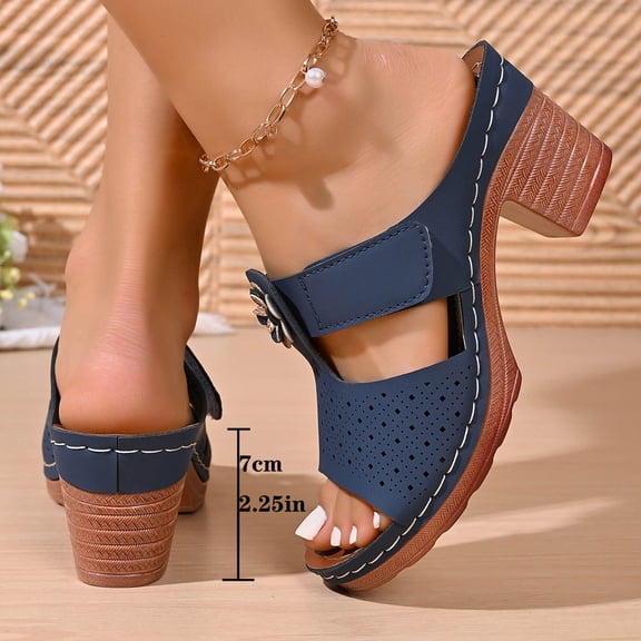 Fnooota Womens Heeled Sandals, Casual Slip On Non-slip Open Toe Summer Shoes Navy Size 8.5