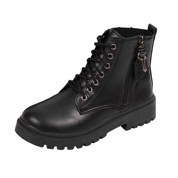 O-43 Black Ladies Casual Winter Boots Lace Up Round Toe Chunky Low Heel Solid Fashionable Ankle Short Boots