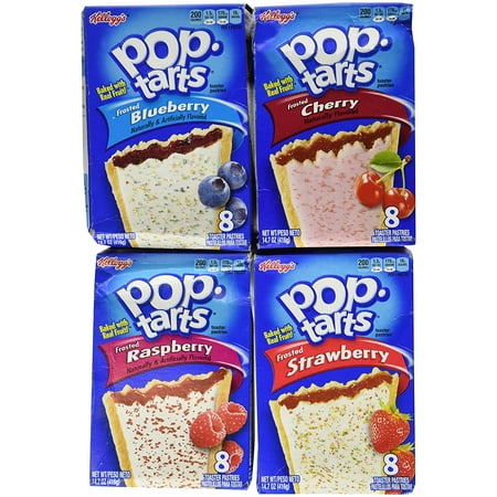Pop Tarts Variety Pack Frosted FRUIT Flavors: Strawberry Blueberry Cherry and Raspberry. Bundle of 4-8 Count Boxes 1 of Each Flavor. Great Care Package or Gift