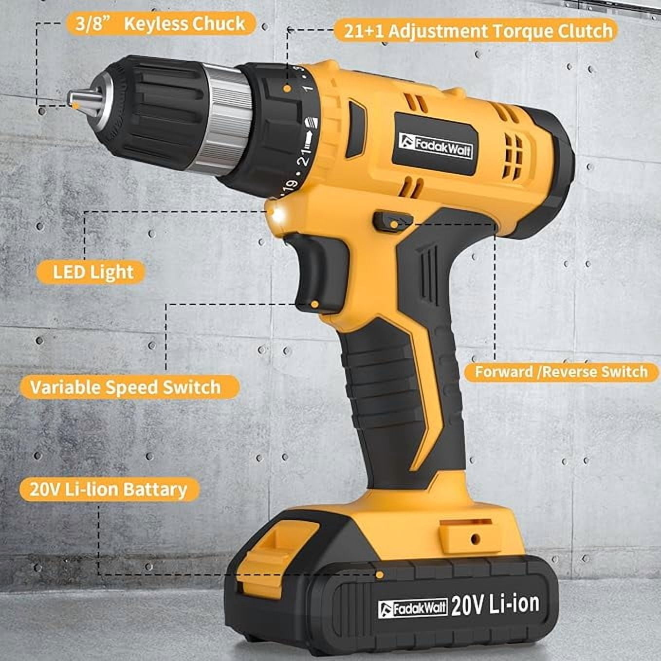 20V Cordless Drill Set with Battery & Charger, 30N.m Torque, 21+1 Settings, 3/8" Keyless Chuck, LED Light, Electric Drill Kit for Home DIY (Yellow)