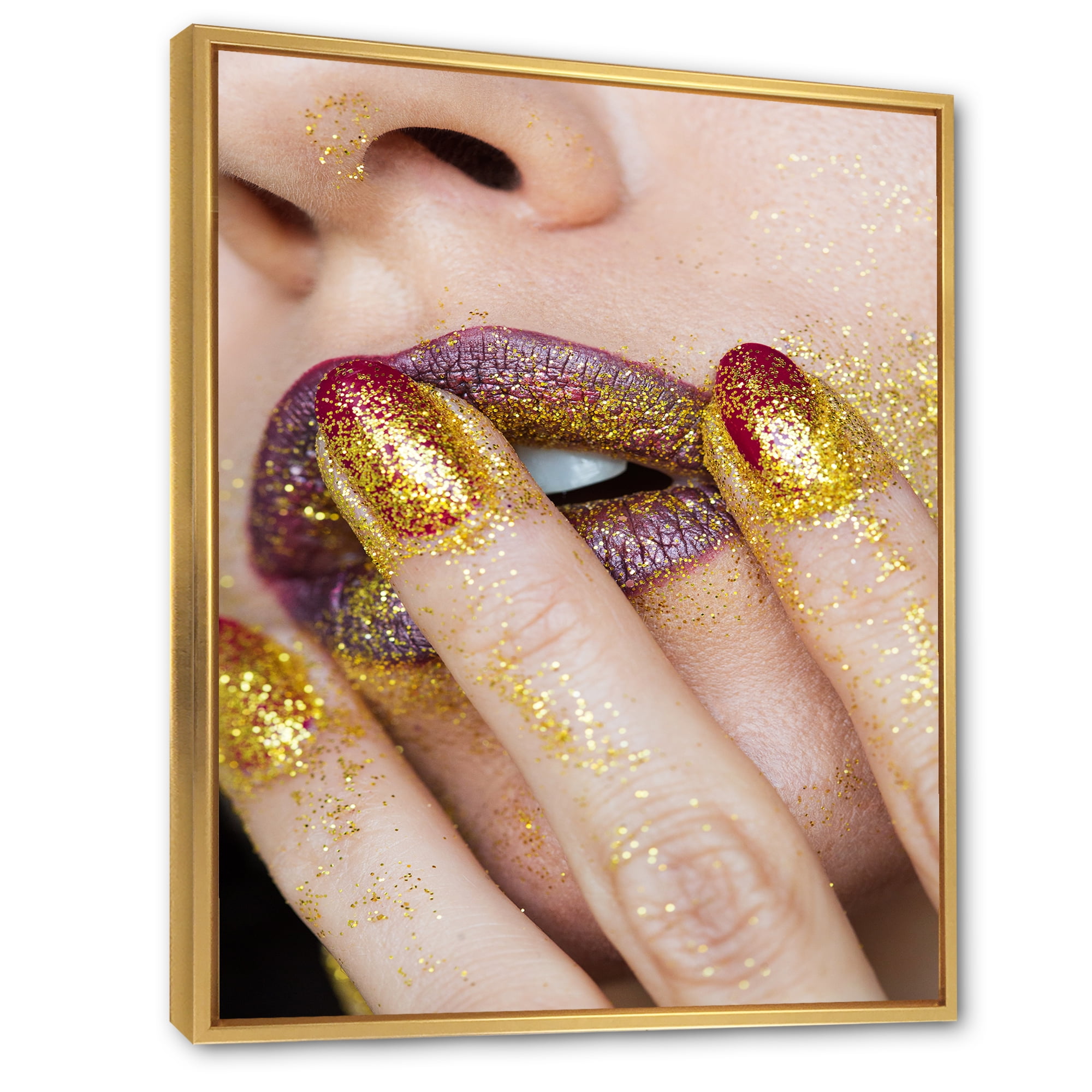 Designart 'Close-Up Of Woman Golden Gold Glitter Lipstick' Modern Framed Canvas Wall Art Print