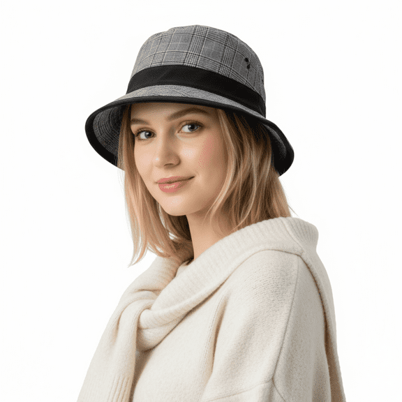 Dolce & Gabbana Virgin Wool Gray Plaid Bucket Hat with Black Ribbon Band-59 for womens