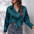 thumbnail image 4 of Womens Blouses Solid Color Satin Lapel Long Sleeve Button Down Loose Casual Fashion Smock Tops Holiday-Wear, 4 of 6