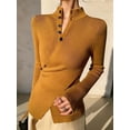 thumbnail image 6 of Women'S Knit Basic Sweater Elegant Stand Collar Button Slim Fit - Slit Long Sleeve Pullover Tops Orange Color S, 6 of 7
