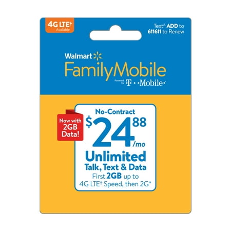 Walmart Family Mobile $24.88 Unlimited Monthly Plan (with up to 2GB at high speed, then 2G*) w Mobile Hotspot Capable (Email (Best No Contract Mobile Internet)