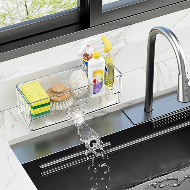 COM1950s Sink Organizer and Sponge Holder, Clear Plastic Non Perforated Drying Rack for Kitchen Countertop