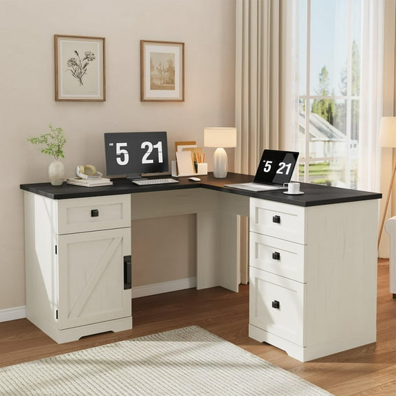 Farmhouse 60in Executive L Shaped Desk, Home Office Desk with File Drawers and Storage Cabinet, Rustic Computer Writing Desk