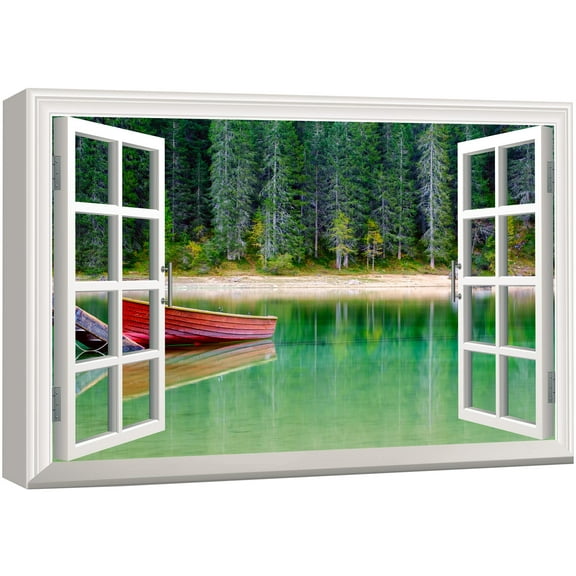 wall26 Canvas Print Wall Art Window View Landscape Red Boat on Forest Lake Nature Wilderness Photography Modern Art Rustic Scenic Colorful Multicolor for Living Room, Bedroom, Office - 16"x24&qu