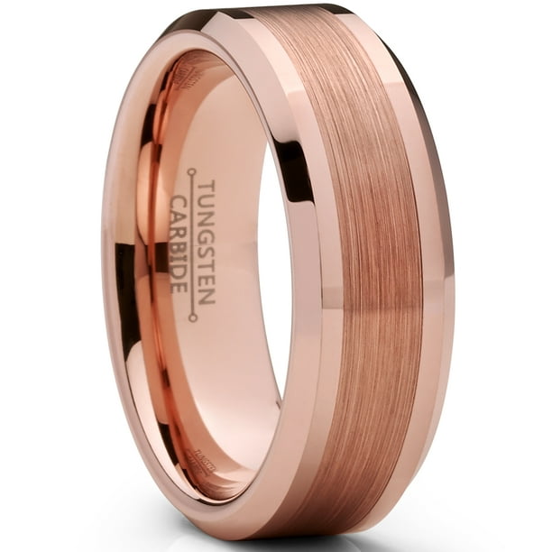 Men's Tungsten Carbide Wedding Band Ring, 8mm Flat Top Brushed Rose Tone,  Pink Comfort Fit Band 13 