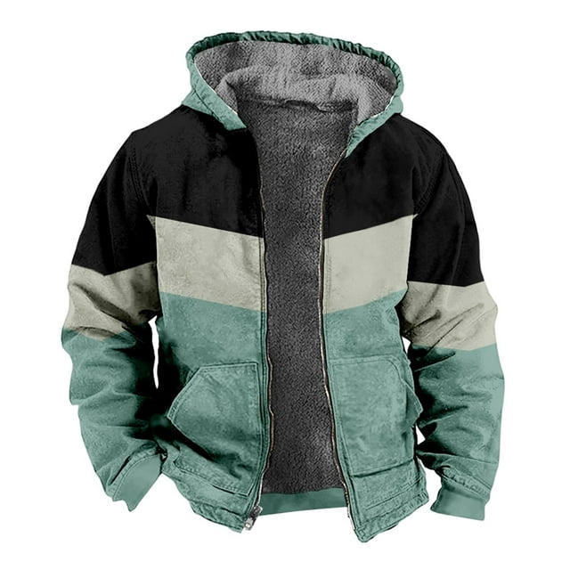 Wyzesi Denim Jackets for Men Plus Size Winter Men's Color Block Pattern 3D Print Digital Print Hooded Sweatshirt Brown Padded Jacket Christmas Coat for Men