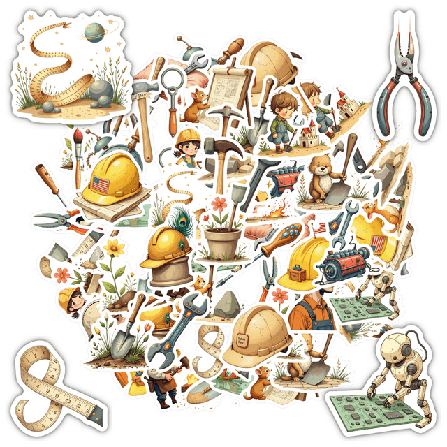 Hand-Drawn Stationery Stickers Construction Kids Stickers Toy Building Site Stickers for Laptops Notebooks Suitcases