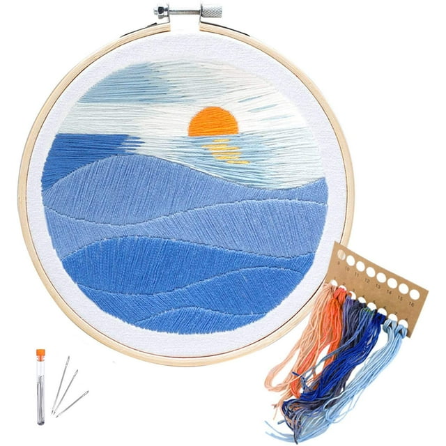 Full Set of Hand-Made Embroidery Starter Kit, Plant Cross Stitch Kits for Beginners Including Patterned Embroidery Cloth,Sun Flower Embroidery with Bamboo Hoop,Color Floss,Tools Kit