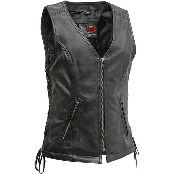 First Mfg Co - Cindy - Women's Motorcycle Biker Riding Black Leather Vest - 2X Large - Adjustable Lacing