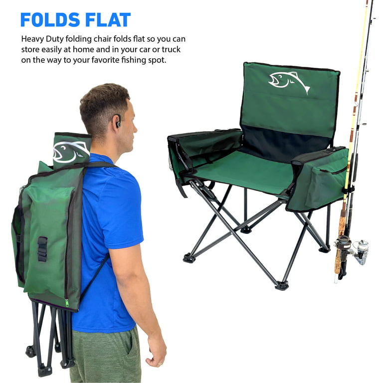 Fishing Chair with Rod Holder Built in Cooler Hands Free Fishing Pole Holder-Storage Pouch Storage Bag for Accessories Full Size Portable & Folding