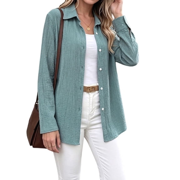 Women'S Textured Collar Button Down Roll Tab Sleeve Two-Wear Long Sleeve Shirt Blue XL
