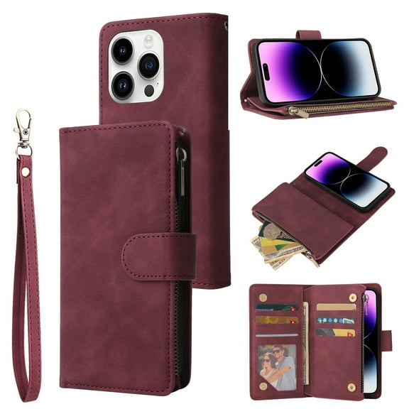 Dteck for iPhone 15 Pro Max Wallet Case,Soft Leather Zipper Wallet Case Magnetic Buckle Flip Cover with 5 Card Slots/Photo Pocks/Lanyard Strap for Apple iPhone 15 Pro Max 6.7 inch 2023,Winered