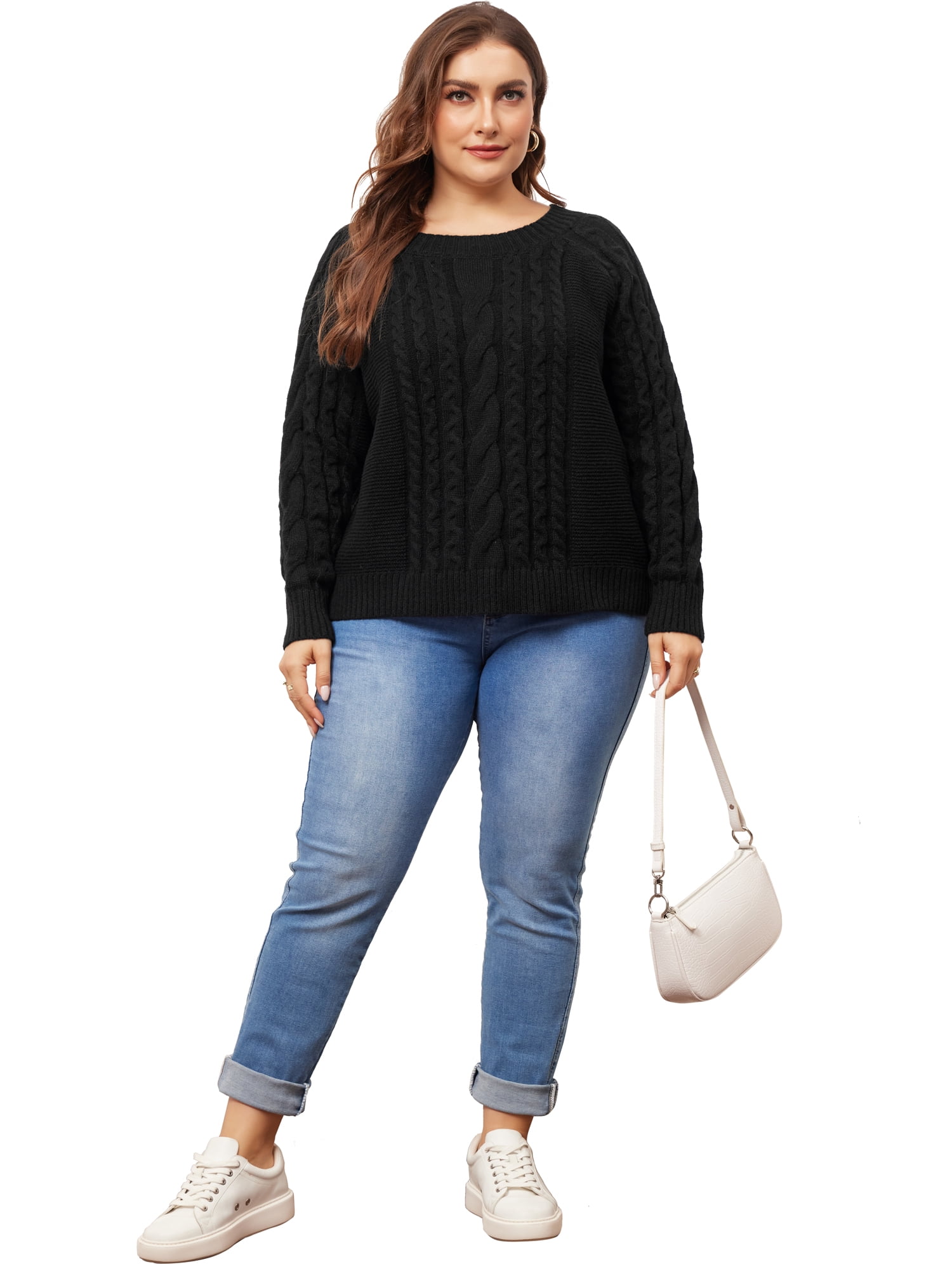 DARING DIVA Plus Size Long Sleeve Crewneck Fisherman Cable Pullover Sweater 3X Black