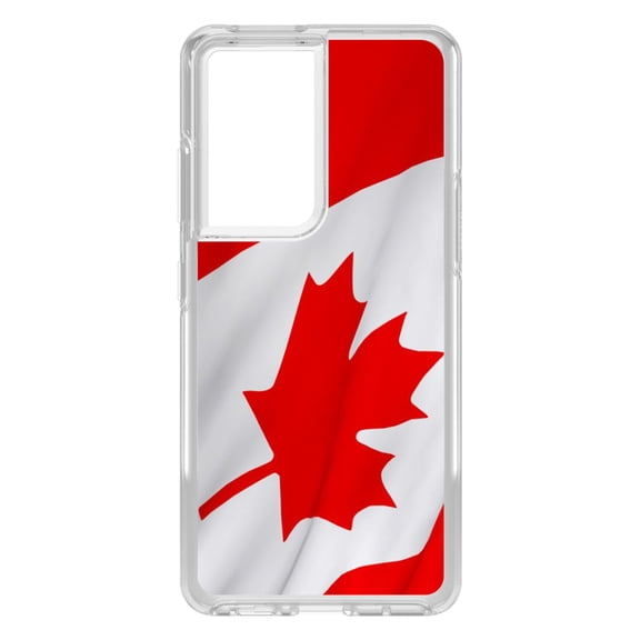 DistinctInk Clear Shockproof Hybrid Case for Galaxy S21 ULTRA 5G (6.8" Screen) - TPU Bumper, Acrylic Back, Tempered Glass Screen Protector - Red White Canadian Flag Canada - Love of Canada