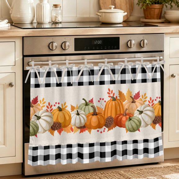 Oven Skirt Curtain for Kitchen 24x32 Inch, Orange Pumpkins Fall Oven Curtain with 8 Ribbon Ties & Ruffle Trim, Stove Skirt Curtain Dishwasher for Cabinets Black White Plaid Thanksgiving Botanical